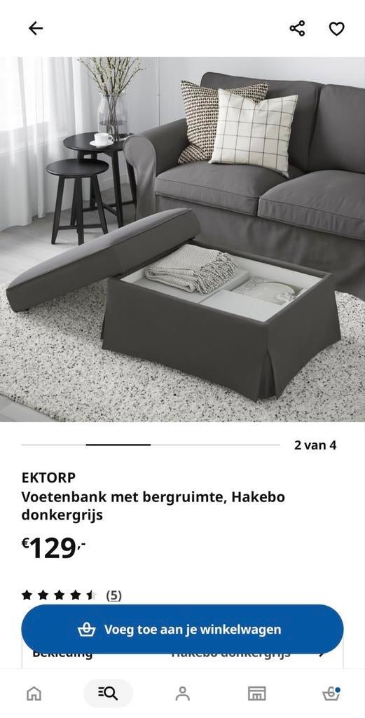 IKEA EKTORP Voetenbank met bergruimte, grijs, Ophalen, Gebruikt, Modern, Scandinavisch, 75 tot 100 cm