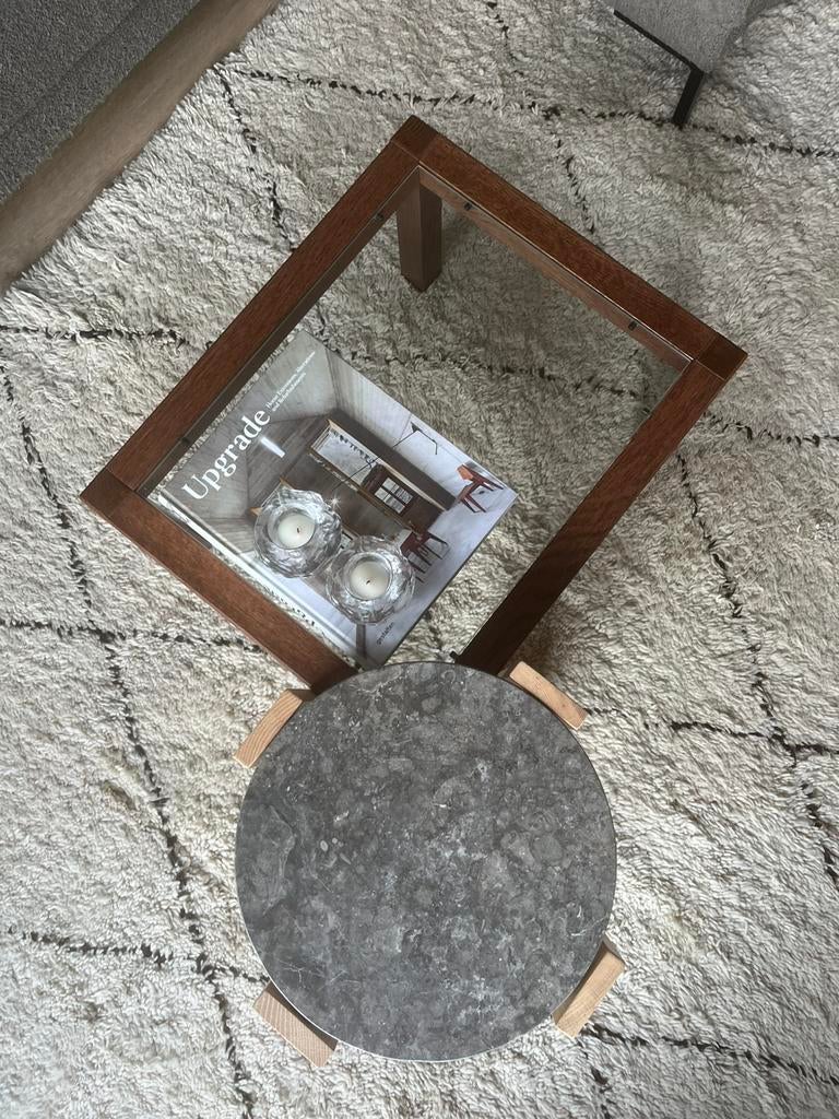 Salontafel hout vintage glas 60x49xH33,5cm, Huis en Inrichting, Tafels | Salontafels, Ophalen, Minder dan 50 cm, Onbekend, vintage