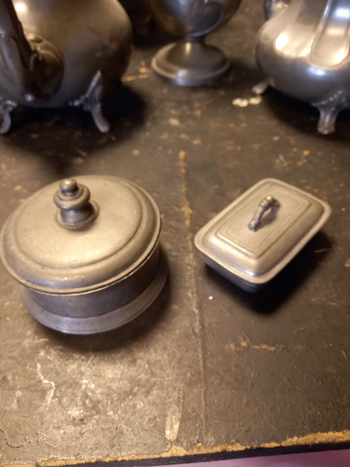 2 Antieke Tinnen Potjes met Deksel, Antiek en Kunst, Ophalen
