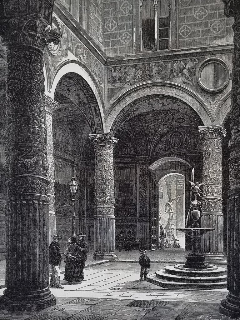 Houtgravure Palazzo Vecchio, Florence Italië, gedrukt 1877, Verzenden, Architectuur, 30 cm, 1800 - 1899