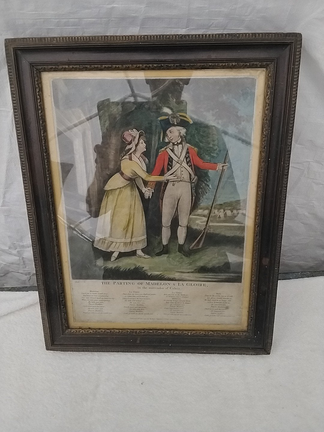 Antieke ingelijste prent: The Parting of Madelon & La Gloire, Ophalen of Verzenden