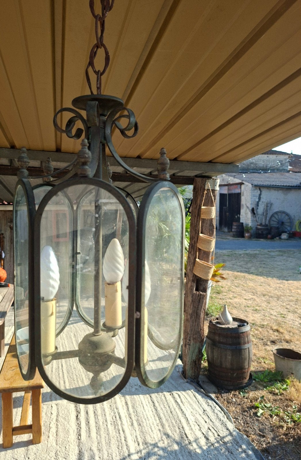 Antieke smeedijzeren hanglamp met glas, Ophalen of Verzenden