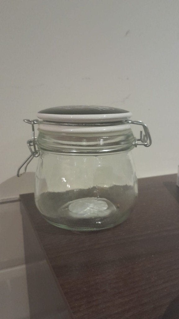 Glazen voorraadpot met beugelsluiting - 'But first, COFFEE', Huis en Inrichting, Ophalen, Voorraadpot, Meerkleurig, Overige merken