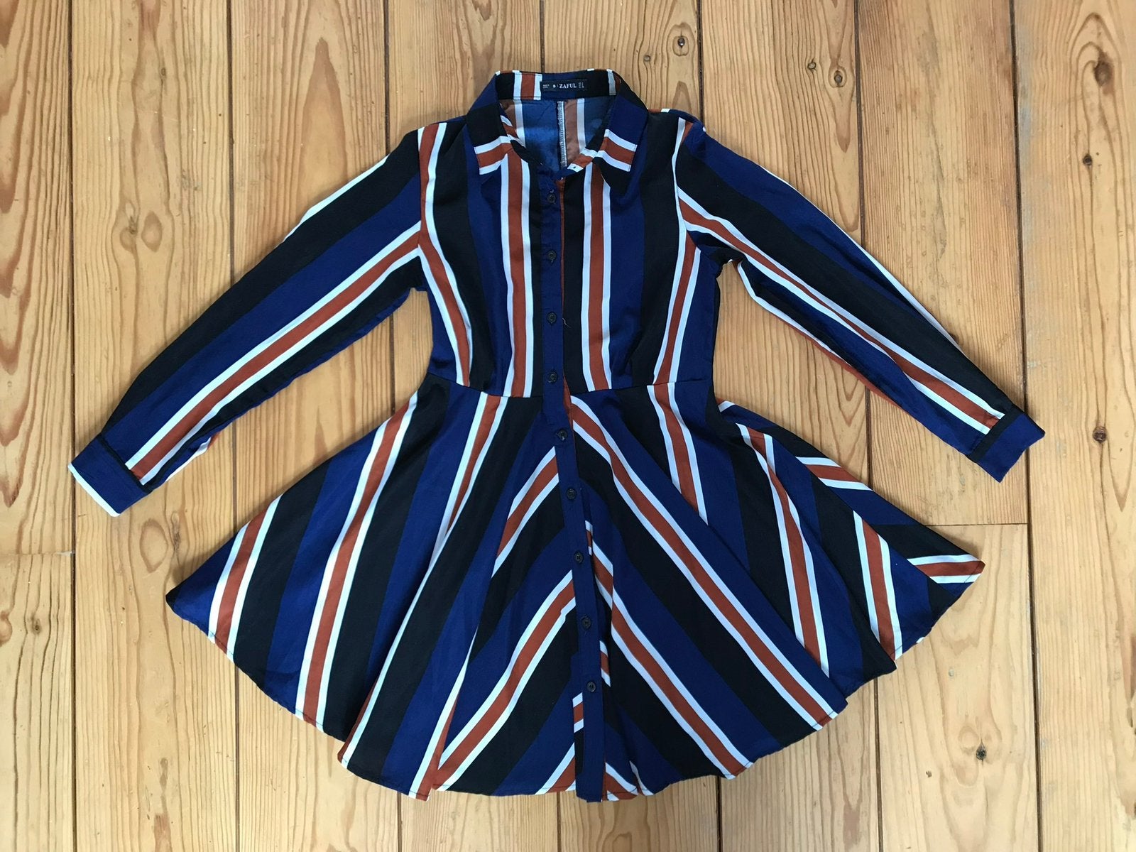 Zaful S blauw roest wit strepen uitlopende jurk kraag egf, Blauw, Ophalen of Verzenden, Zo goed als nieuw, Maat 36 (S)