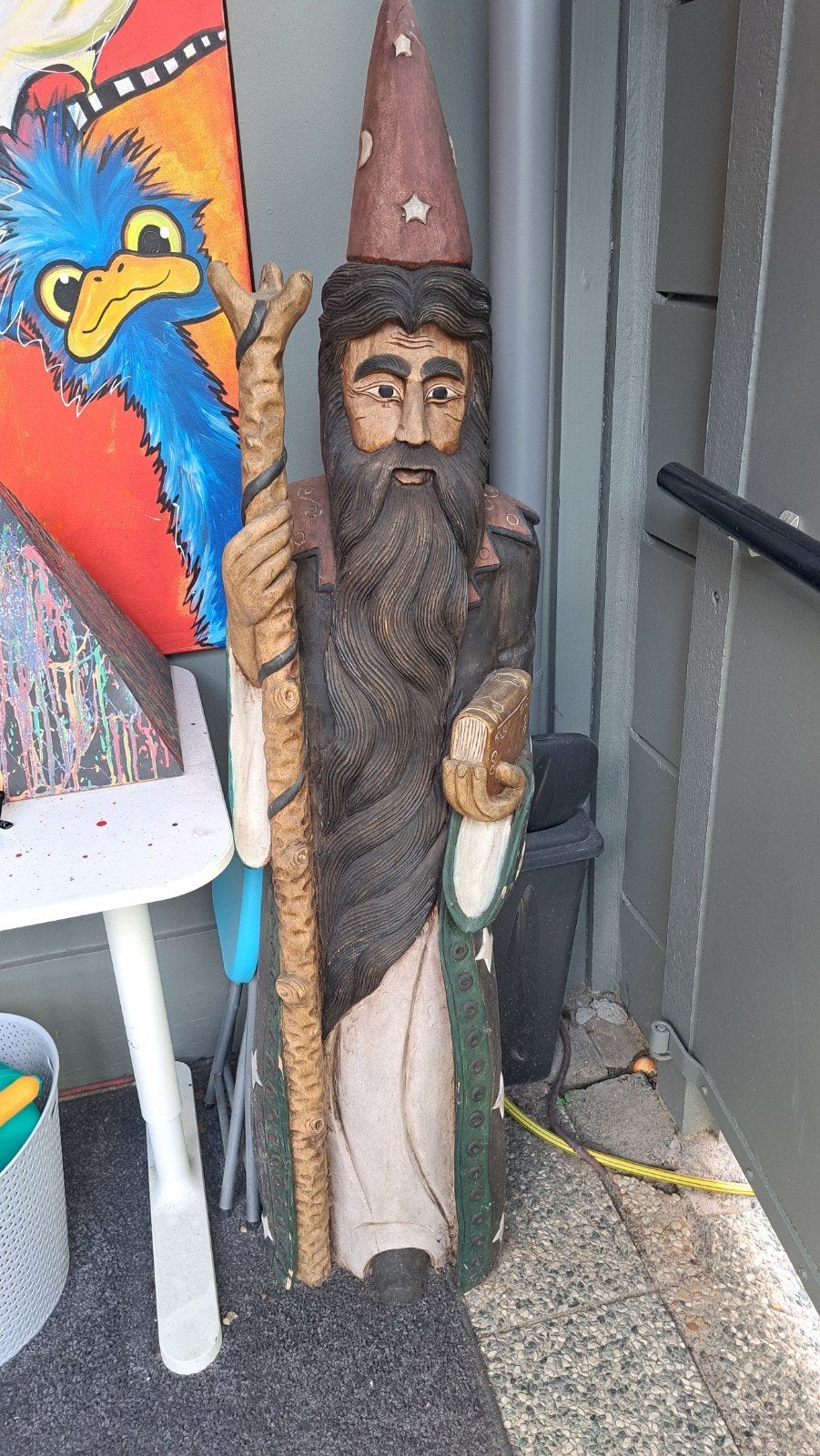 Groot Houten Tovenaarsbeeld - 150 cm, Antiek en Kunst, Handgemaakt, Ophalen of Verzenden, 1 meter - 2 meter, Beeld