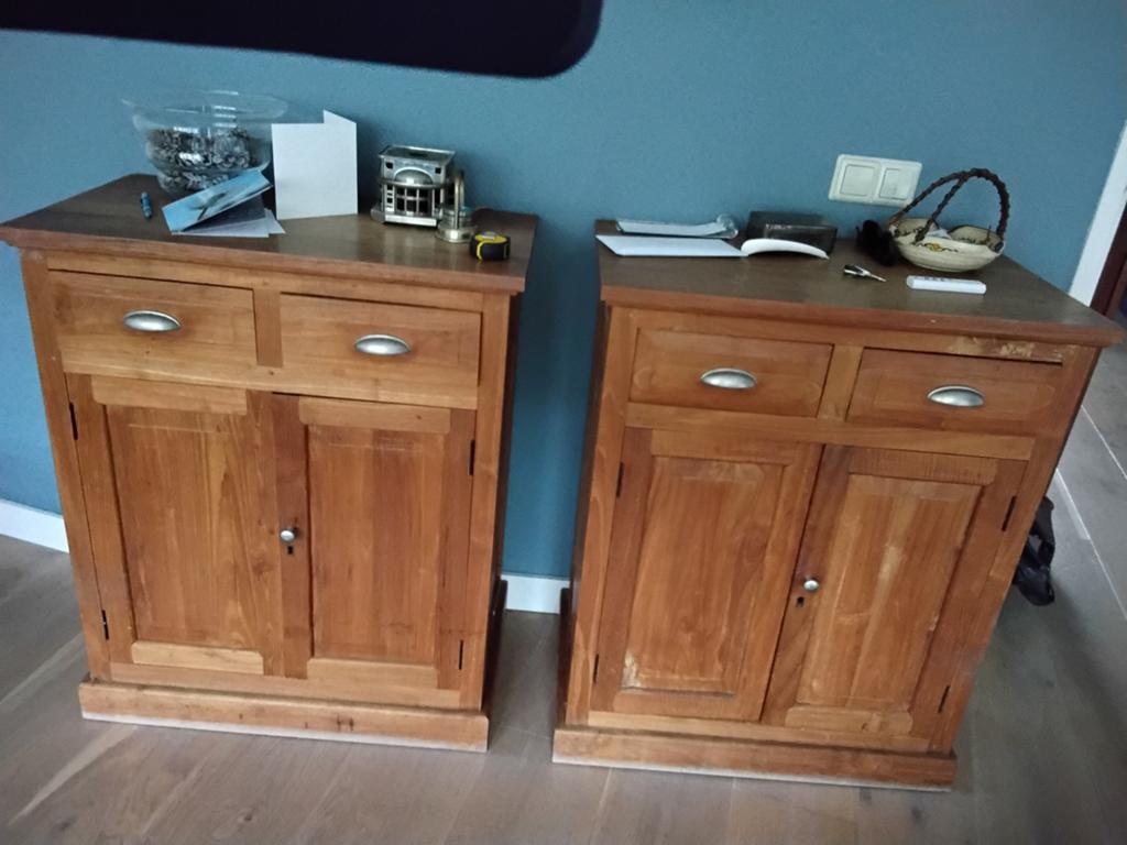 Set van 2 massief houten kasten met lades en deuren, Huis en Inrichting, Kasten | Dressoirs, Ophalen, Gebruikt, Met deur(en), 50 tot 100 cm