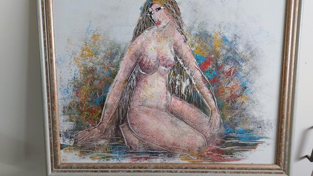 Schilderij 'naakte dame' van Burnett met creme/gouden lijst, Antiek en Kunst, Ophalen