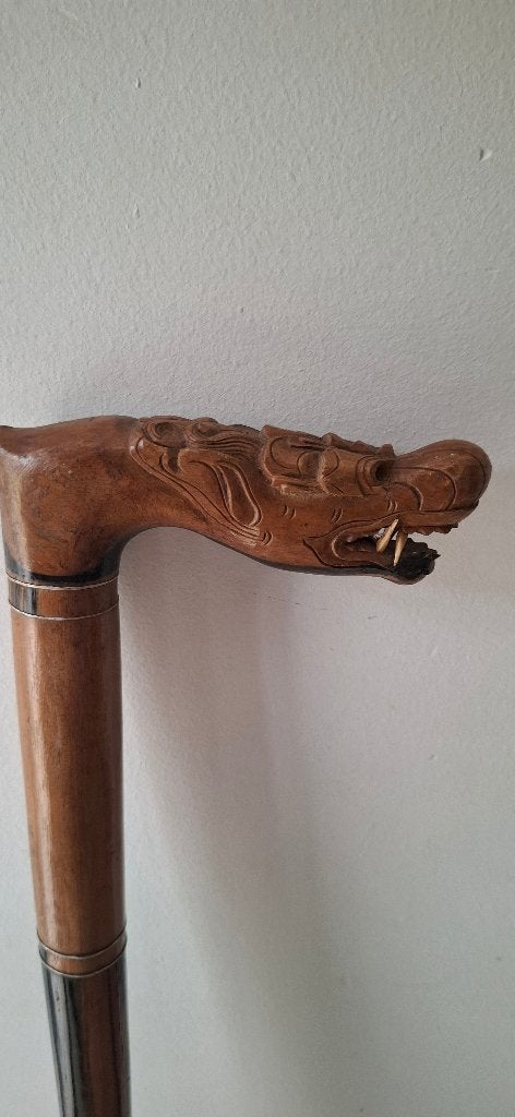 Antieke Wandelstok met Drakenkop Houtsnijwerk (ca 85cm), Ophalen, Gebruikt, Onbekend, Onbekend