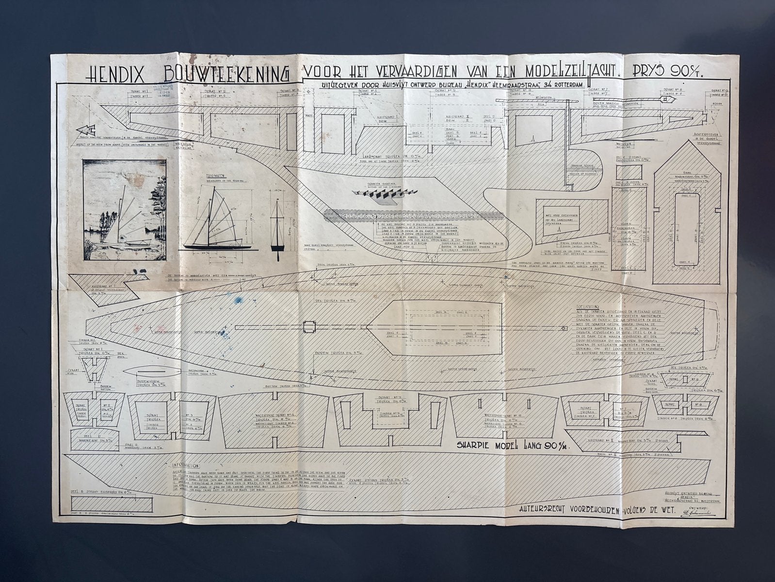 Hendix Bouwtekening Modelzeiljacht - Vintage (jaren ‘30), Hobby en Vrije tijd, Overige merken, Gebruikt, 1:50 of kleiner, Overige typen