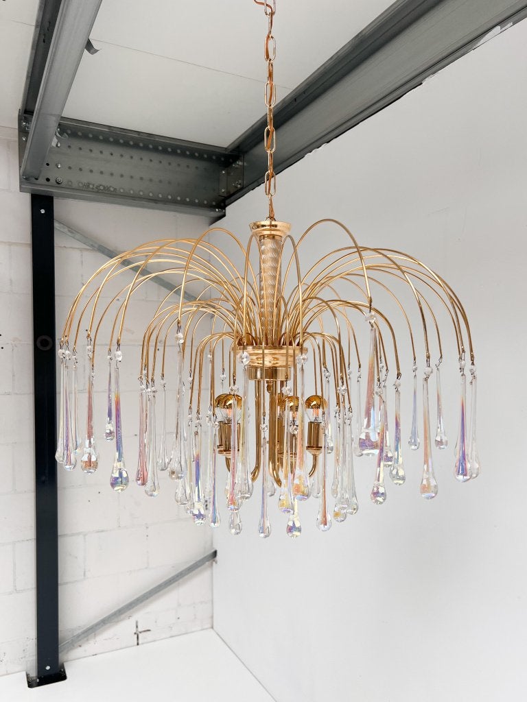 Italiaanse Cascata kroonluchter met Murano druppels, 1970’s, Gebruikt, E14 (klein), Ophalen of Verzenden, Hollywood