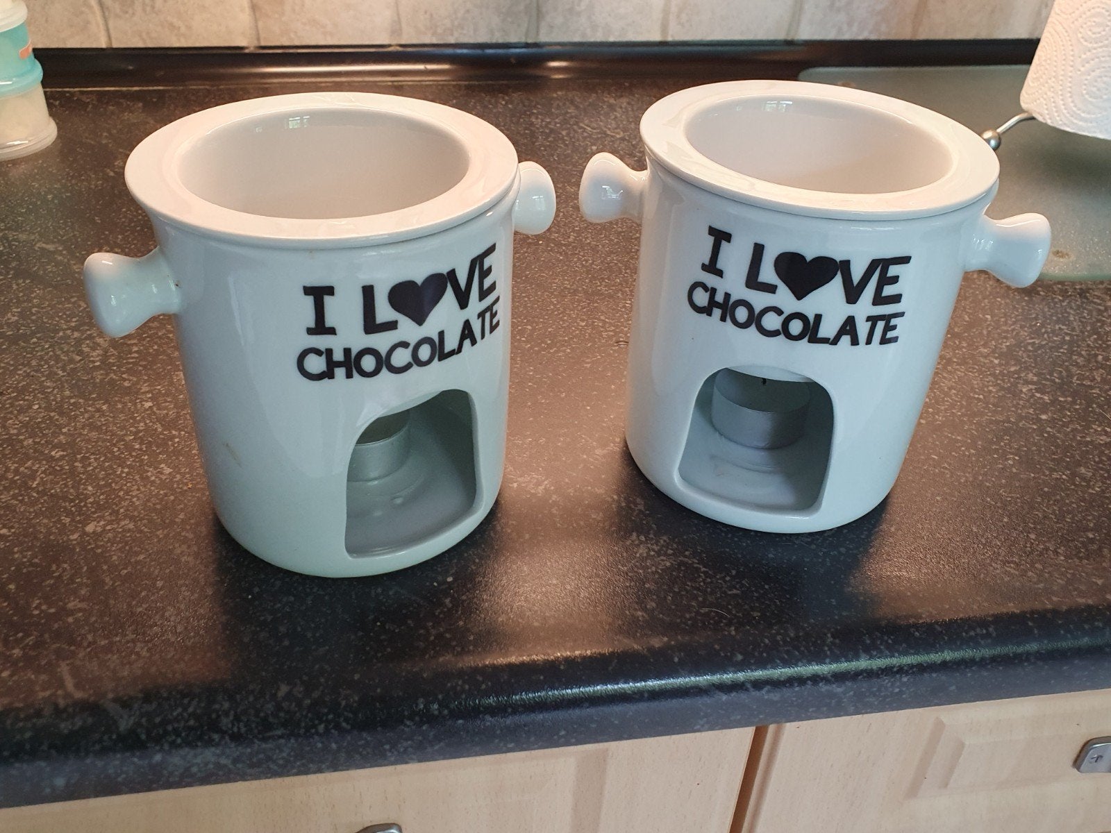 2x Chocolade Fondue Set - 'I Love Chocolate', Overige typen, Ophalen of Verzenden, Zo goed als nieuw, Steen/keramiek