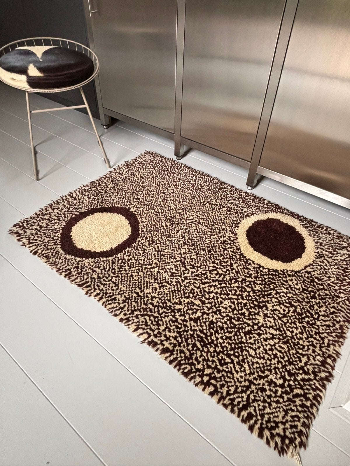 Vloerkleed jaren 70 vintage retro handgeknoopt, Gebruikt, 100 tot 150 cm, Bruin, Rechthoekig