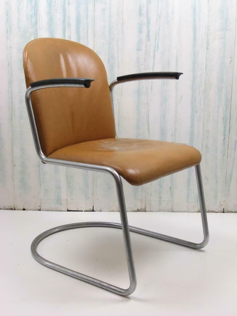 Gispen stoel 413 L, Huis en Inrichting, Stoelen, Gebruikt, Eén, Kunststof, Leer, Metaal, Bruin, Ophalen