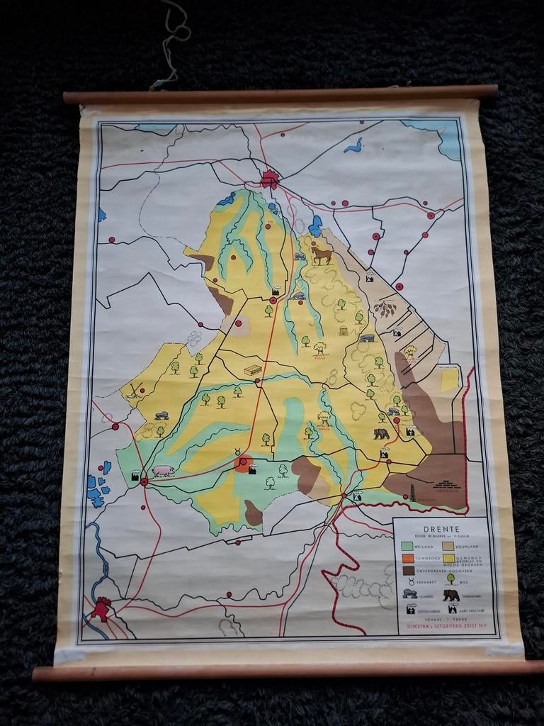 Oude schoolkaart Drente W Bakker en H Rusch, Antiek en Kunst, Ophalen, Aardrijkskunde