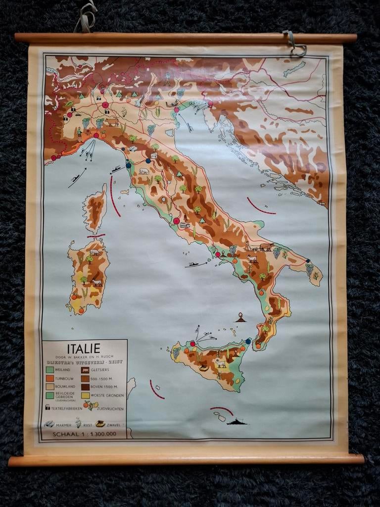 Oude schoolkaart Italië W Bakker en H Rusch, Antiek en Kunst, Ophalen, Aardrijkskunde
