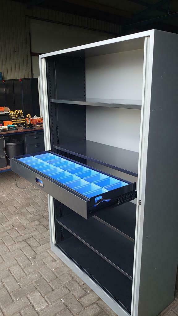 Metalen stalen gereedschapladen roldeurkasten, garage kasten, Huis en Inrichting, Kasten | Roldeurkasten en Archiefkasten, Zie foto