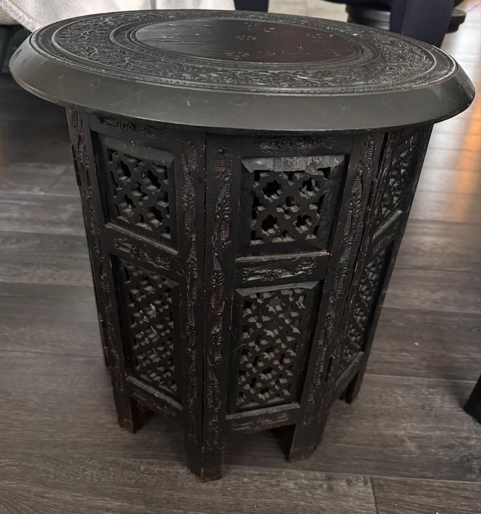 2x Oryantal / Marokkaanse handgesneden houten bijzettafel, Minder dan 55 cm, Gebruikt, Rond, Hout