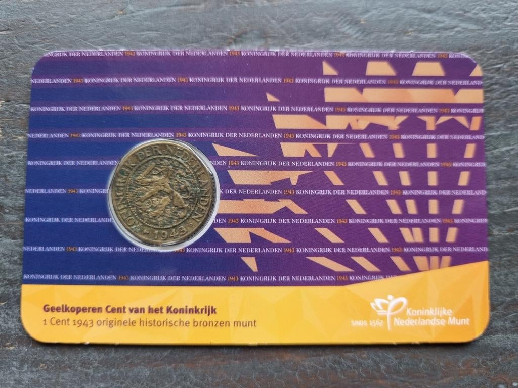 Coincard 1 cent 1943 geelkoper, Ophalen of Verzenden, Koningin Wilhelmina, 1 cent