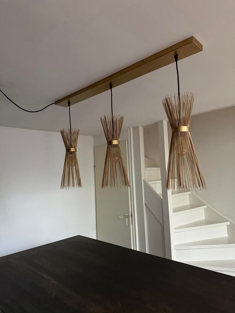 Hanglamp met 3 kappen, goud, Ophalen, Zo goed als nieuw, Hout, 75 cm of meer