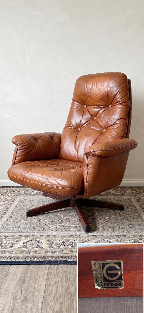 Leren draaifauteuil Göte Möbler Nässjö Sweden Cognac, Ophalen, Gebruikt, Scandinavisch Vintage jaren 70, 50 tot 75 cm