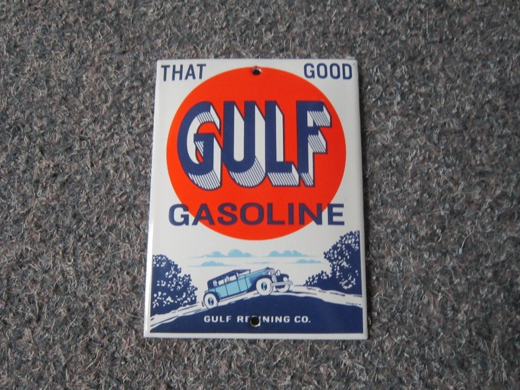 GULF EMAILLE RECLAMEBORD, Ophalen, Zo goed als nieuw, Reclamebord
