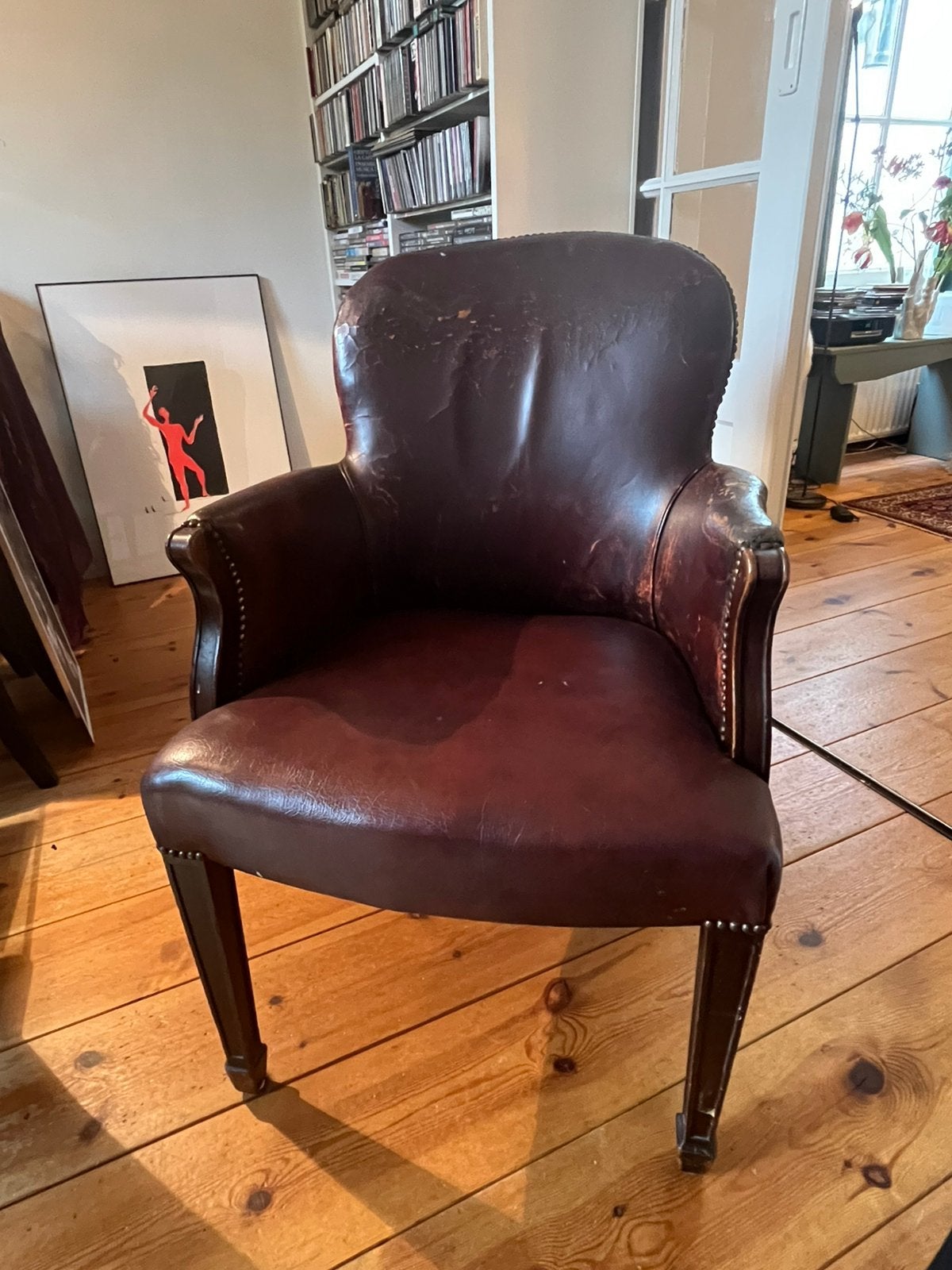 Vintage leren club fauteuil, Ophalen, Gebruikt, 50 tot 75 cm, Leer