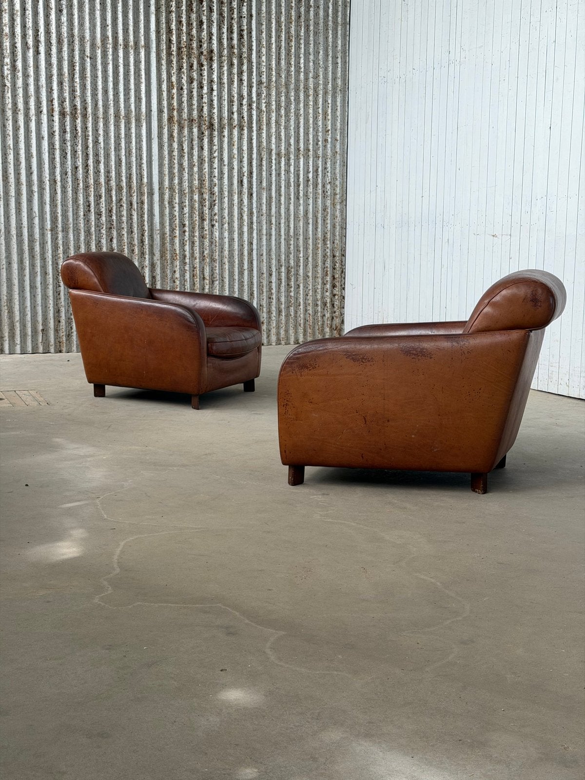 Vintage Italiaanse Molinari Leren Fauteuils (per Set), Ophalen, Gebruikt, R., A.