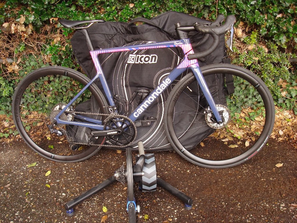 Race van fiets van carbon met tas en power trainer 4.0, 10 tot 15 versnellingen, Heren, Zo goed als nieuw, Schijfrem