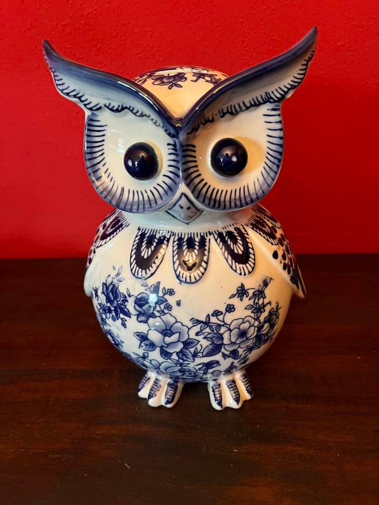 Pol potten spaarpot uil - Delfts blauw decor, Ophalen, Gebruikt, Steen, Aardewerk of Keramiek, Dier