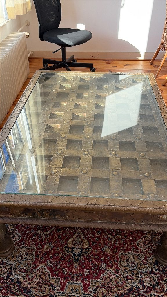 Indiase salontafel met glasplaat - 90x135x40 cm, Huis en Inrichting, Ophalen, Gebruikt, 100 tot 150 cm, Glas
