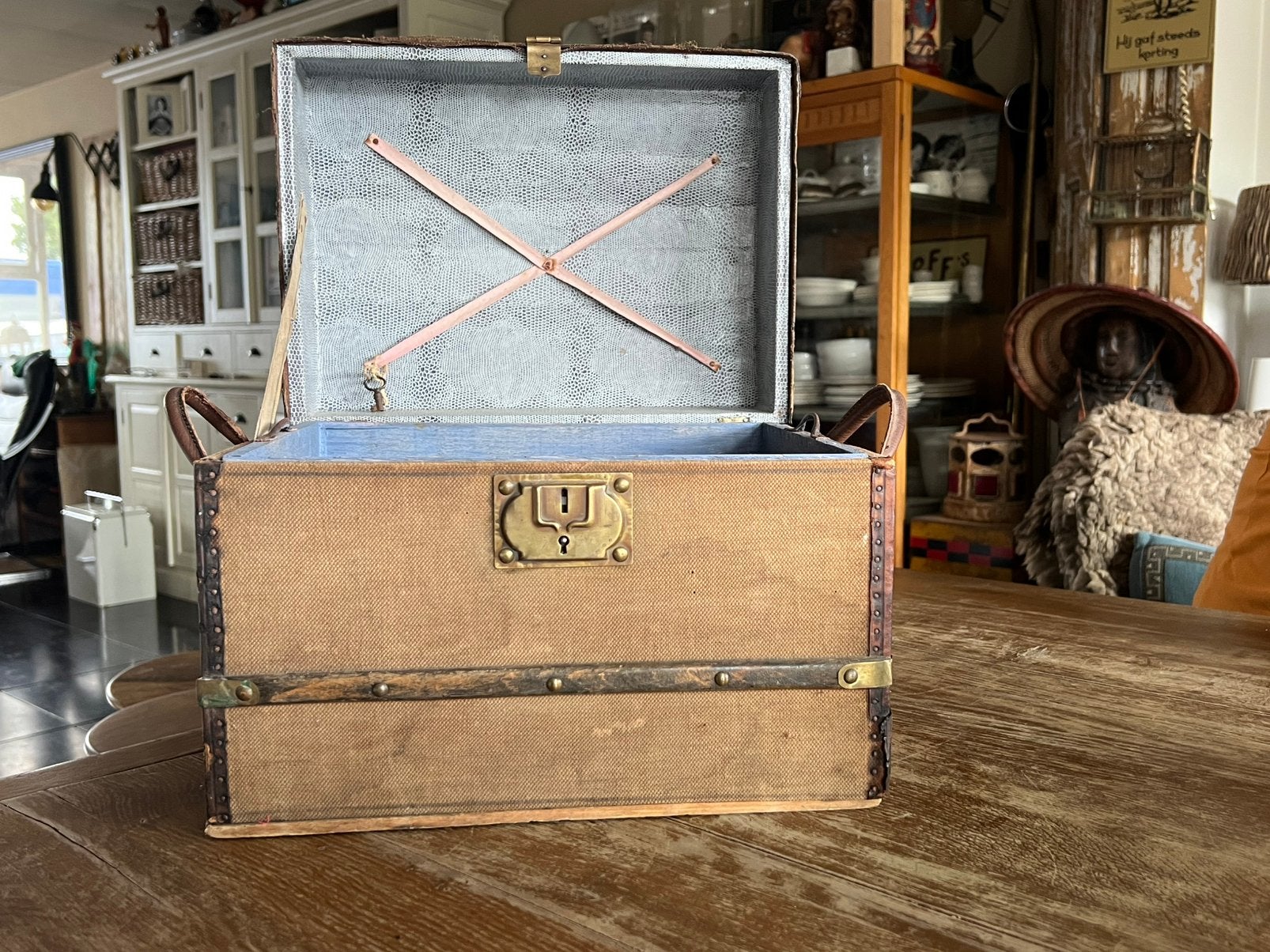 ANTIEK KLEIN FRANS REISKOFFERTJE 19e EEUWS, Ophalen of Verzenden