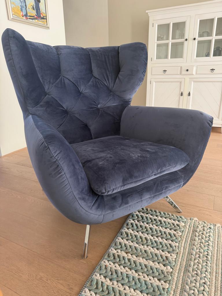 Montel fluwelen donkerblauwe fauteuil (100 cm breed), Huis en Inrichting, Fauteuils, Ophalen, Zo goed als nieuw, Stof, 100 tot 125 cm