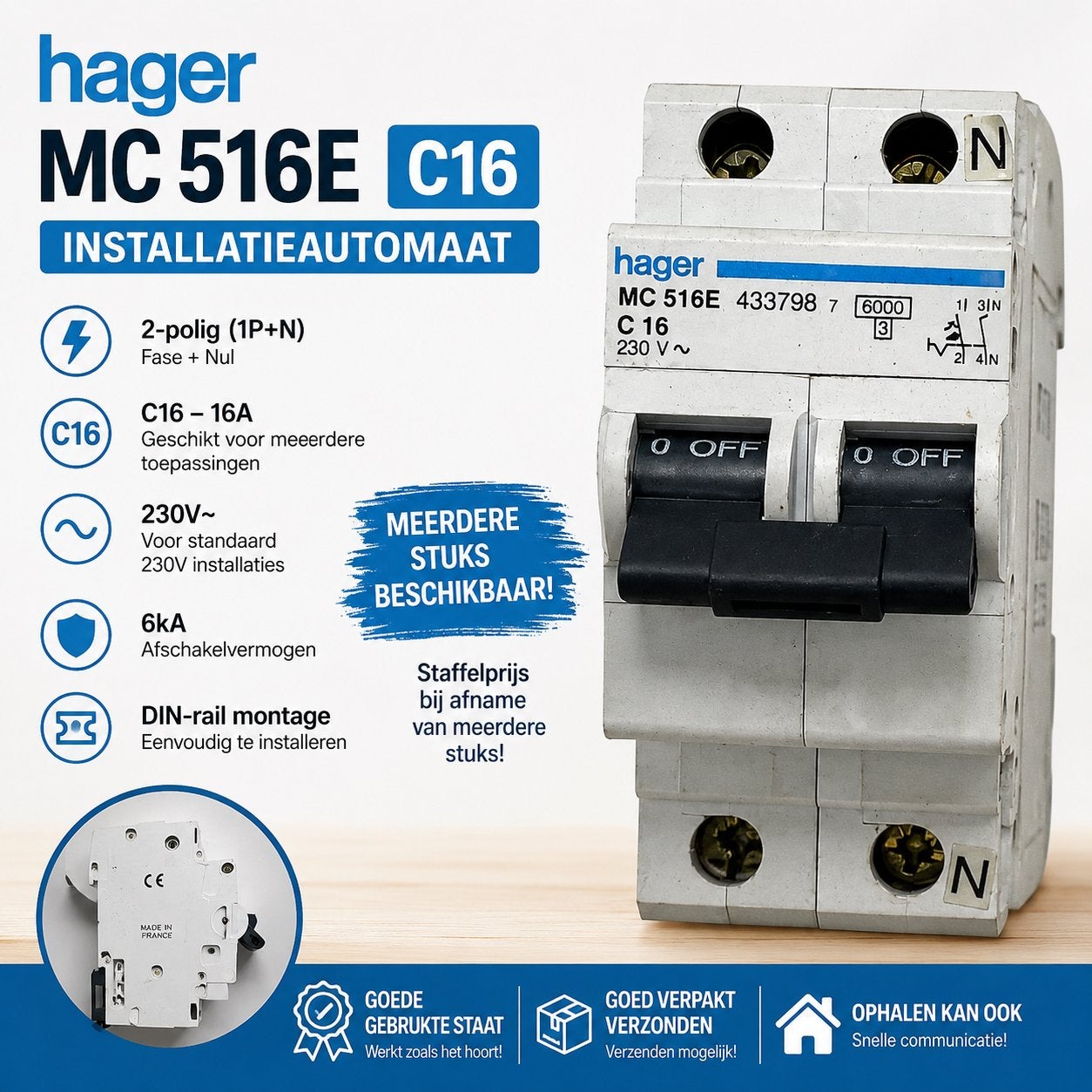 Hager C16 Installatieautomaat 2-polig MC516E 230V, Ophalen of Verzenden, Gebruikt, Installatieautomaat