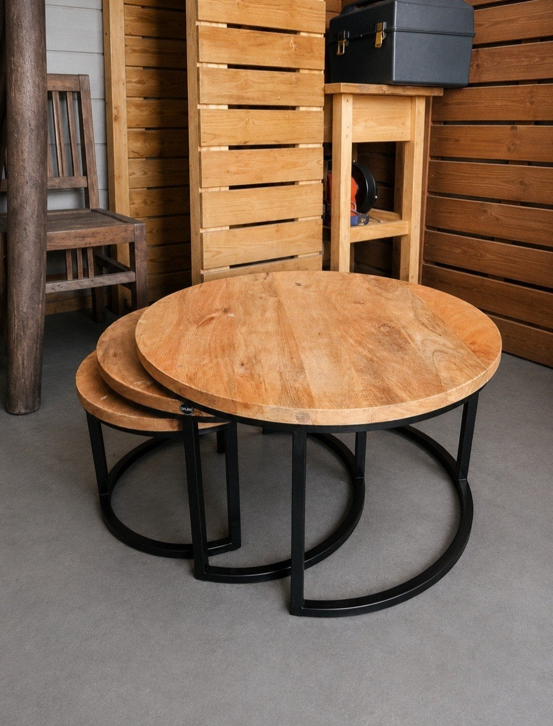 Salontafeltjes set van 3 - Mangohout en Staal, 50 tot 100 cm, Rond, 50 tot 100 cm, Zo goed als nieuw
