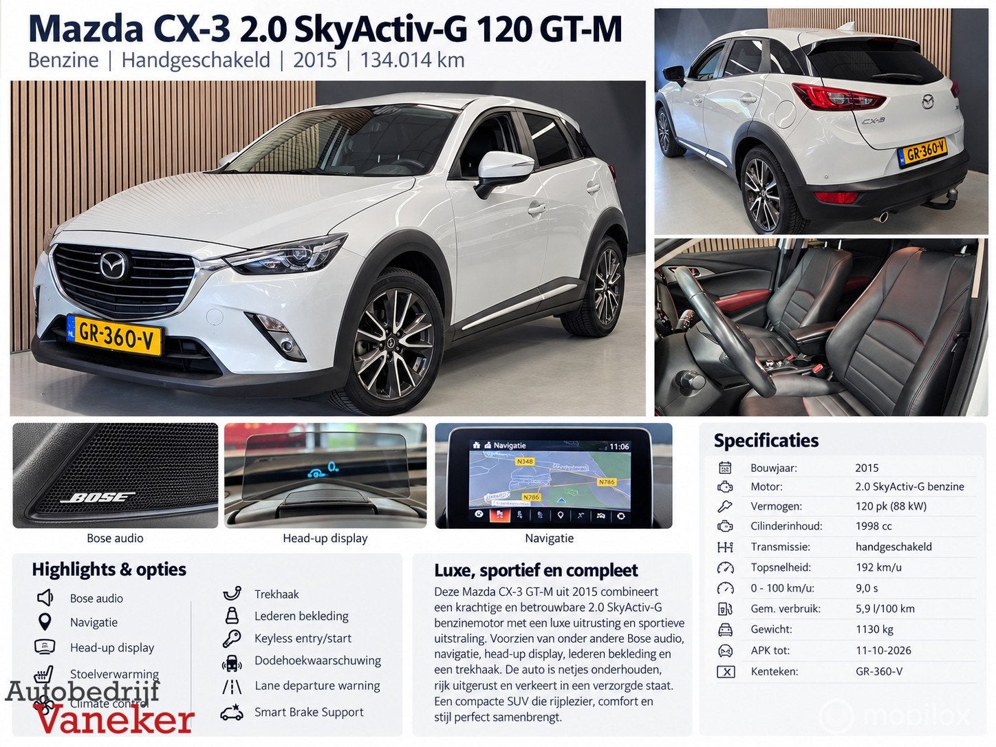 Mazda CX-3 2.0 SkyActiv-G 120 GT-M|ACC|Bose|HUD|Trekhaak|Cam, Auto's, Voorwielaandrijving, 1998 cc, Gebruikt, 4 cilinders