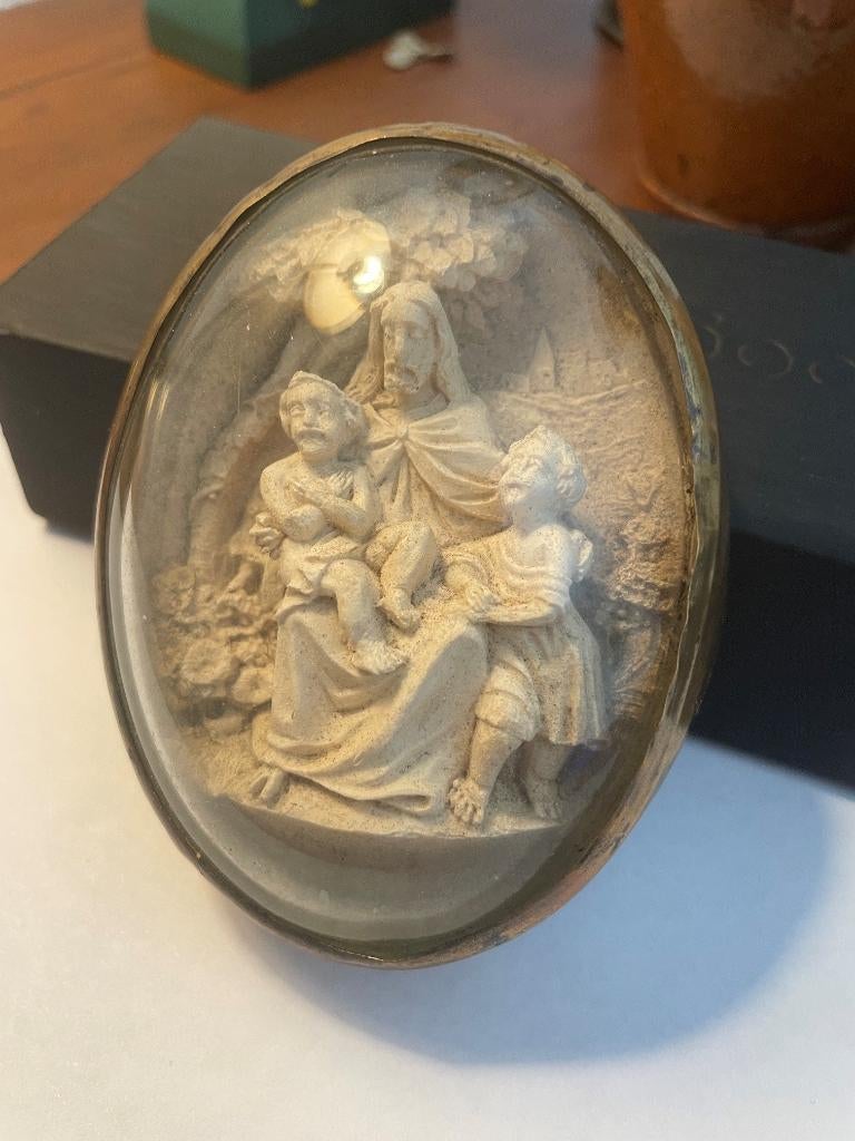 Mooie religie meerschuim van heilige familie  koperen kader, Ophalen of Verzenden