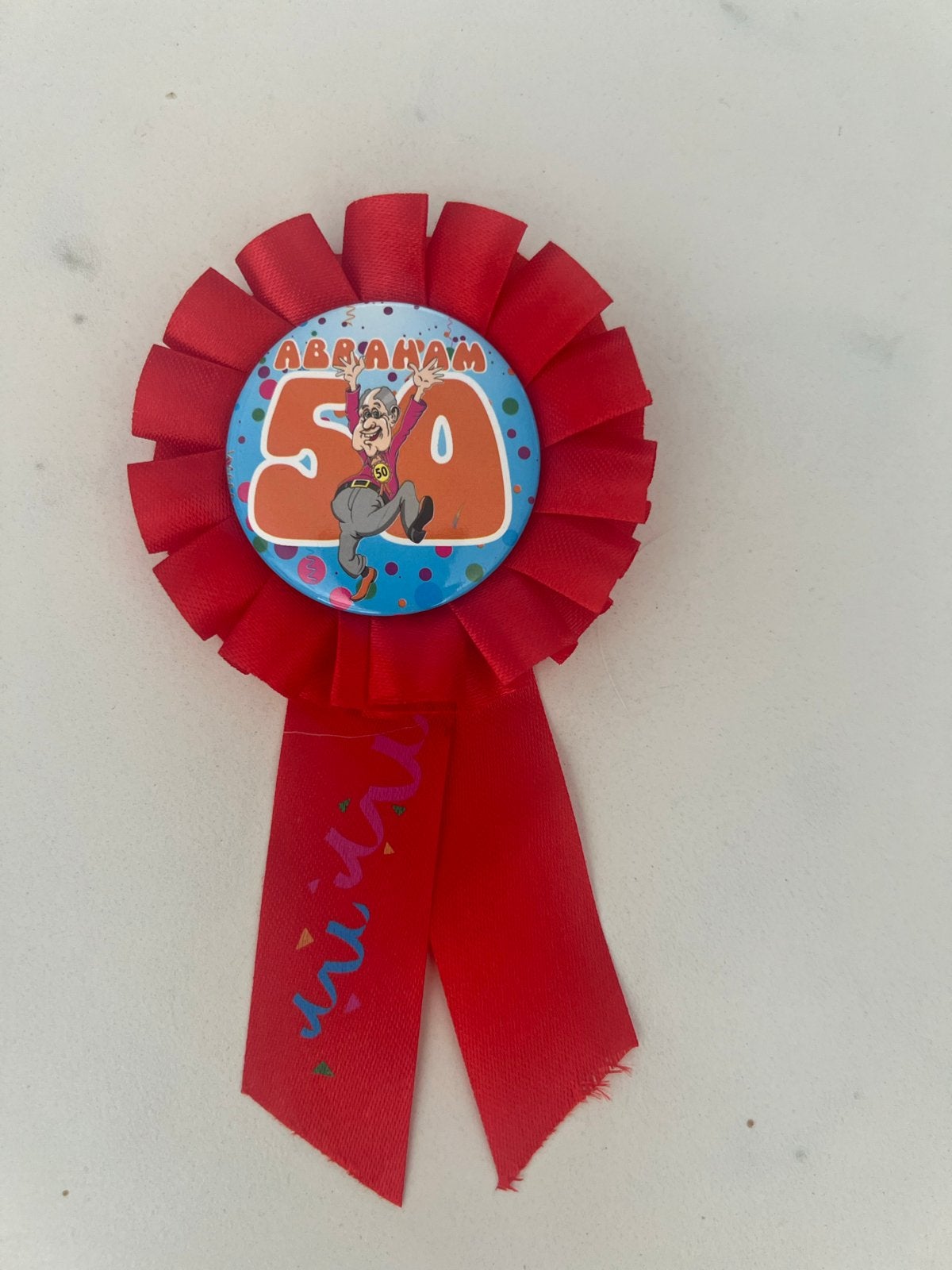 Abraham 50 jaar feestpakket: Rozet en Banner, Ophalen of Verzenden, Zo goed als nieuw, Feestartikel, Abraham of Sarah