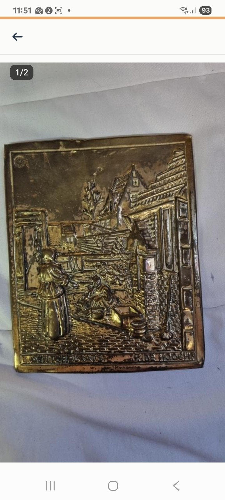 Oud metalen schilderijtje dorpsgezicht De Hoogh 16x19cm, Ophalen of Verzenden, Gebruikt