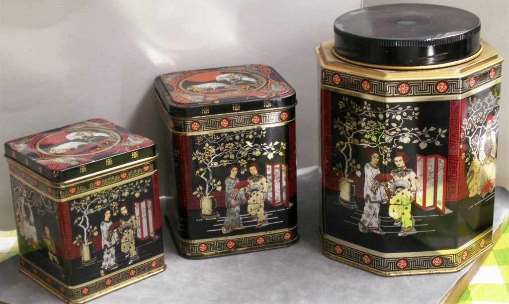 Vintage set van 3 blikken chinese afbeelding zwart, Verzamelen, Ophalen of Verzenden, Zo goed als nieuw, Overige