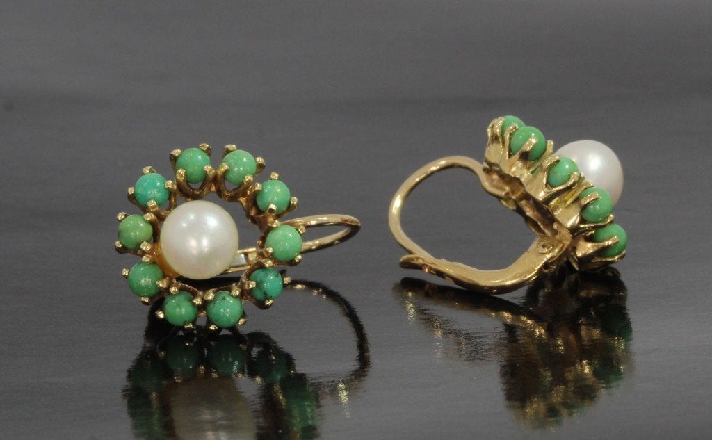 Turkoois edelsteen 14k gouden parel set oorbellen vintage, Voordeelsieraden, Ophalen of Verzenden, Zo goed als nieuw, Met edelsteen