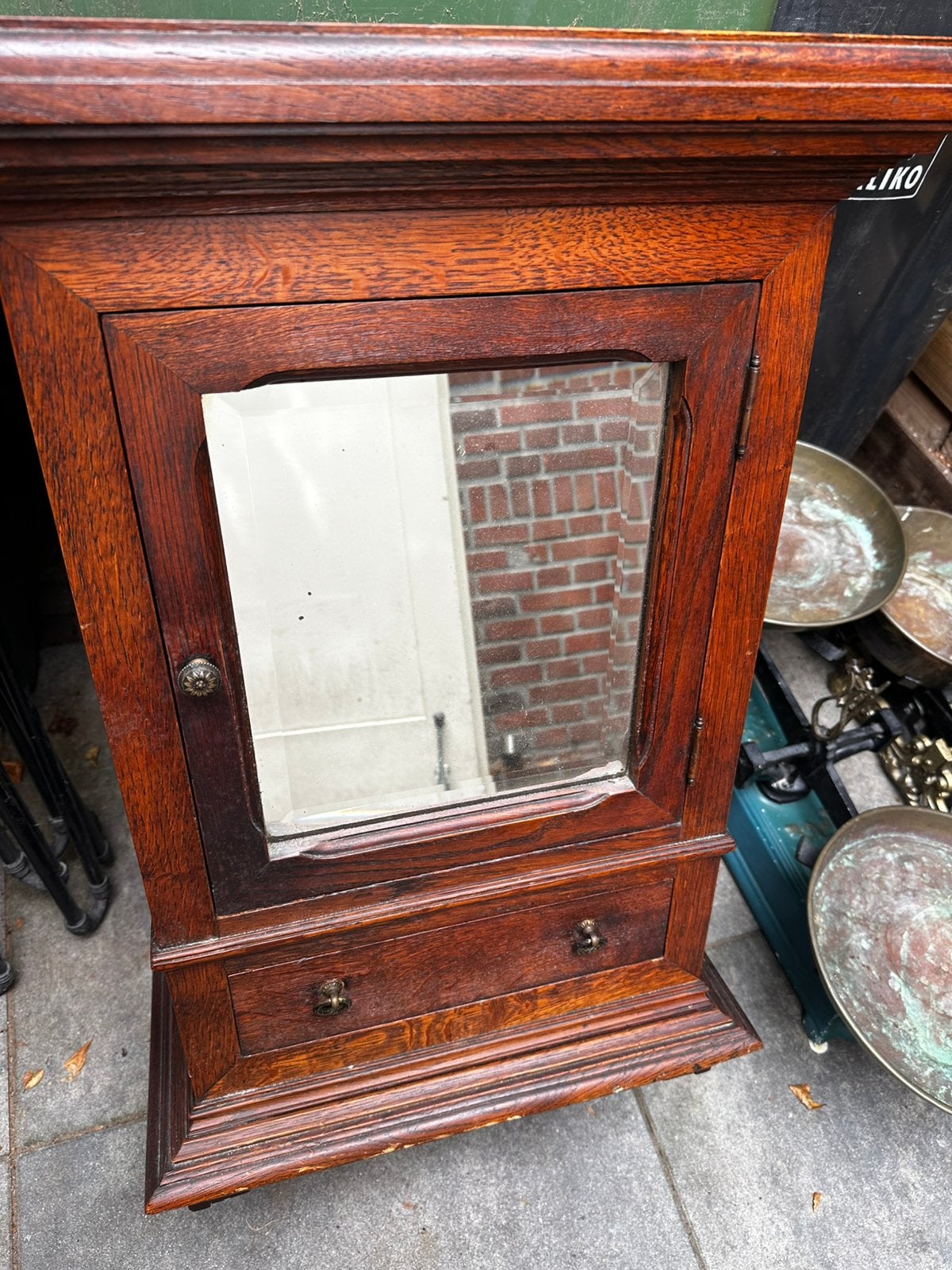Eiken kastje  met spiegel en laadje, Antiek en Kunst, Ophalen