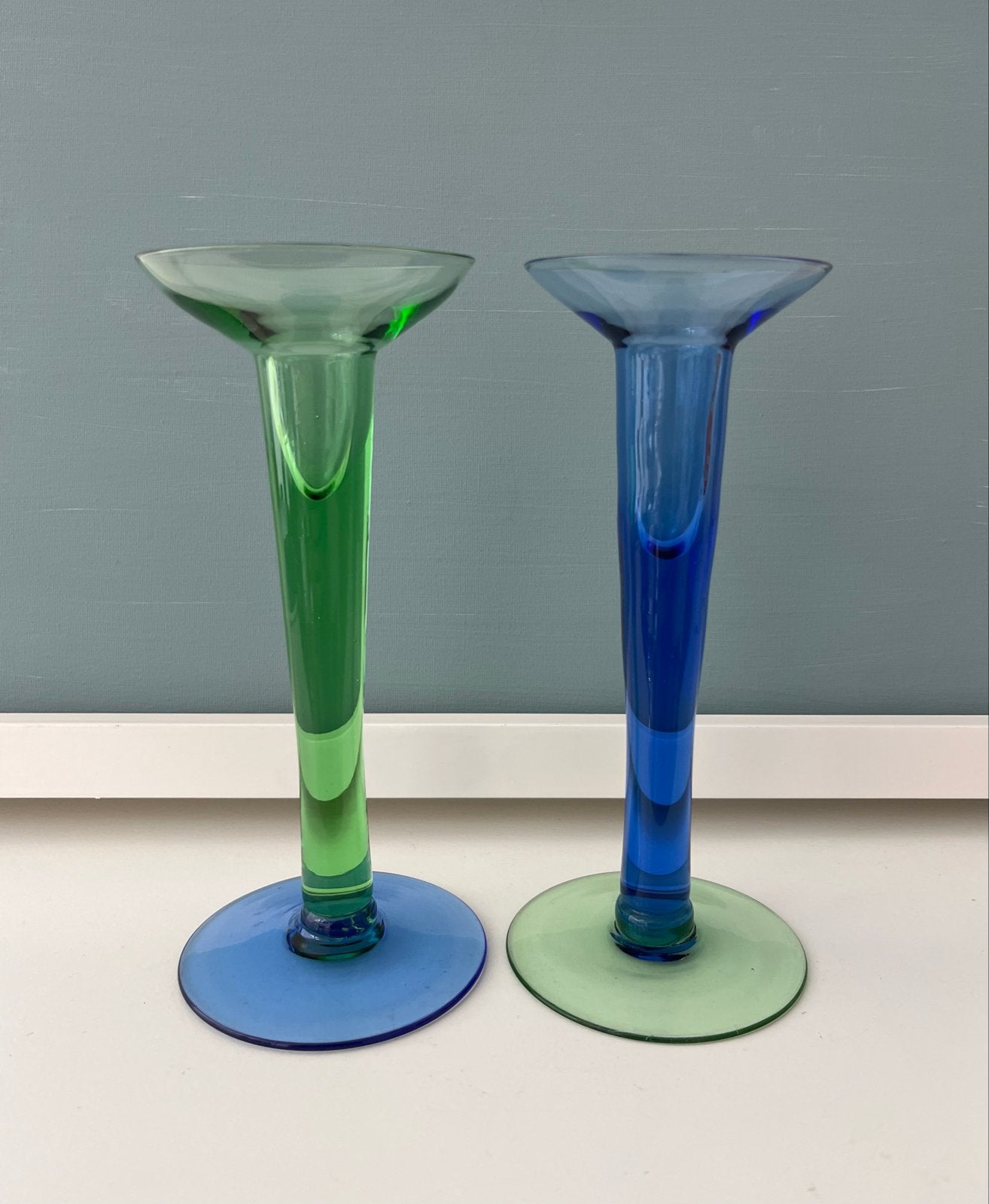 Set van 2 glazen Holmegaard kandelaars, blauw en groen, Ophalen of Verzenden