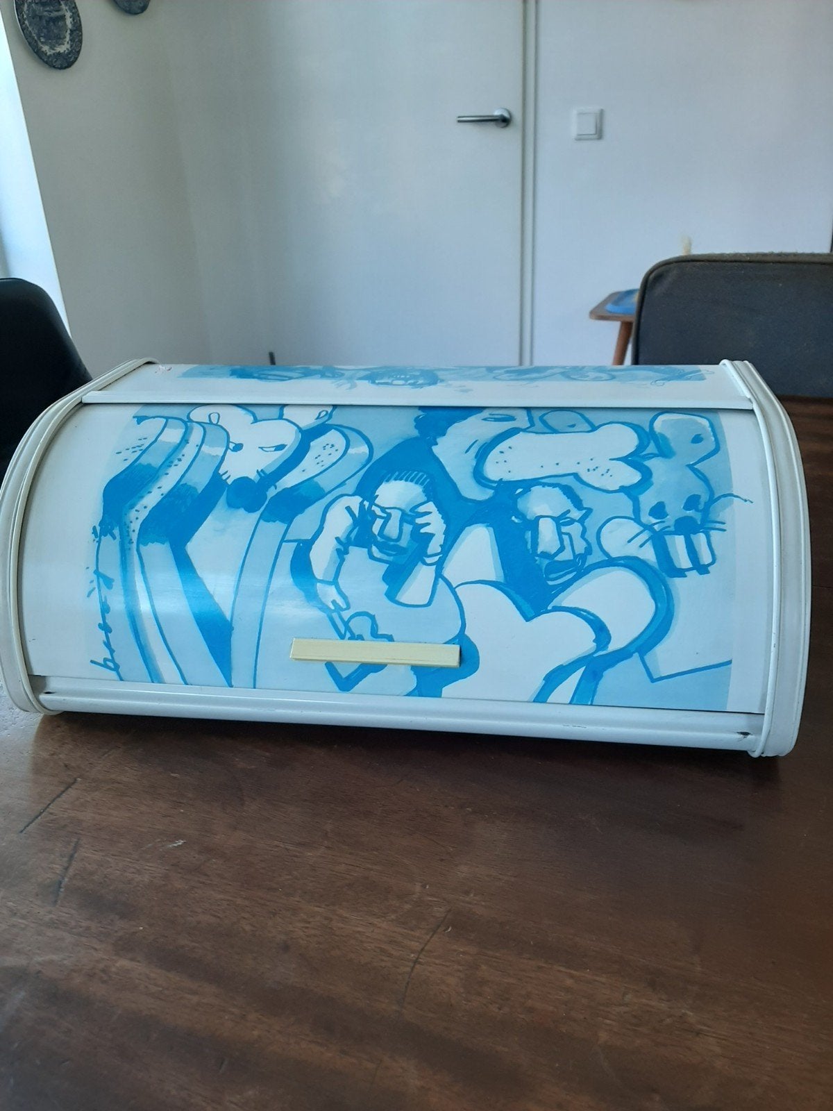 Vintage broodtrommel met blauwe illustraties van Herman broo, Ophalen of Verzenden