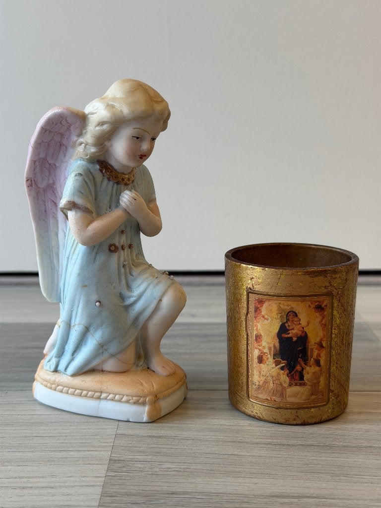religieuze beeldje engel  +  bedevaart-kaarsje Kevelaer, Verzamelen, Ophalen of Verzenden, Gebruikt, Beeld(je), Christendom | Katholiek