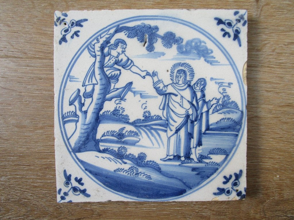 Antieke Delfts blauw tegeltje 18e eeuw Bijbelse voorstelling, Antiek en Kunst, Verzenden