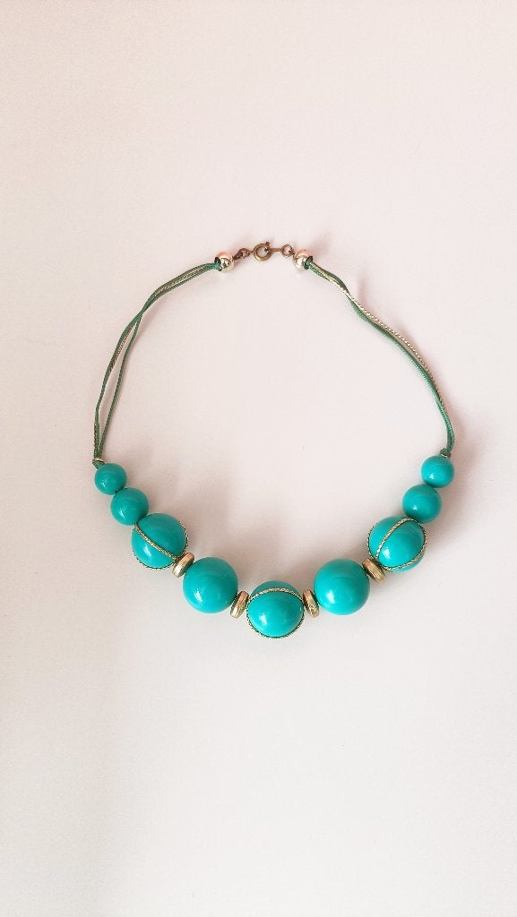 Vintage turquoise ketting met grote kralen, Verzenden, Gebruikt, Blauw, Overige materialen