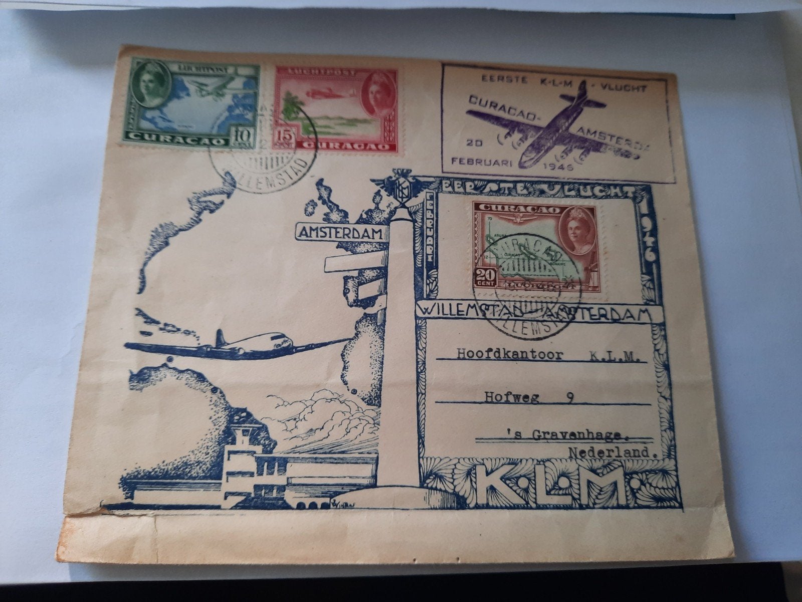 Mooie KLM Eerste Vlucht Curacao-Amsterdam Envelop 1946, Verzenden, Envelop