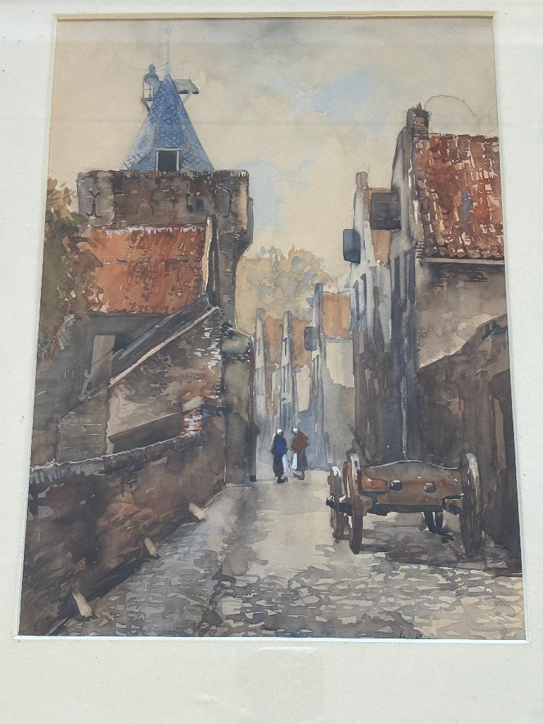 Jan Korthals (1916-1972) -Gezicht op de Vischpoort te Elburg, Ophalen of Verzenden, Schilderij, Aquarel, Handgemaakt