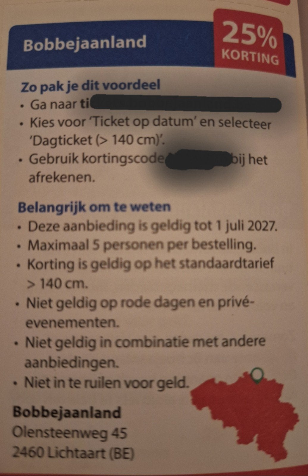 Bobbejaanland 25% korting online, Tickets en Kaartjes, Drie personen of meer, Kortingsbon