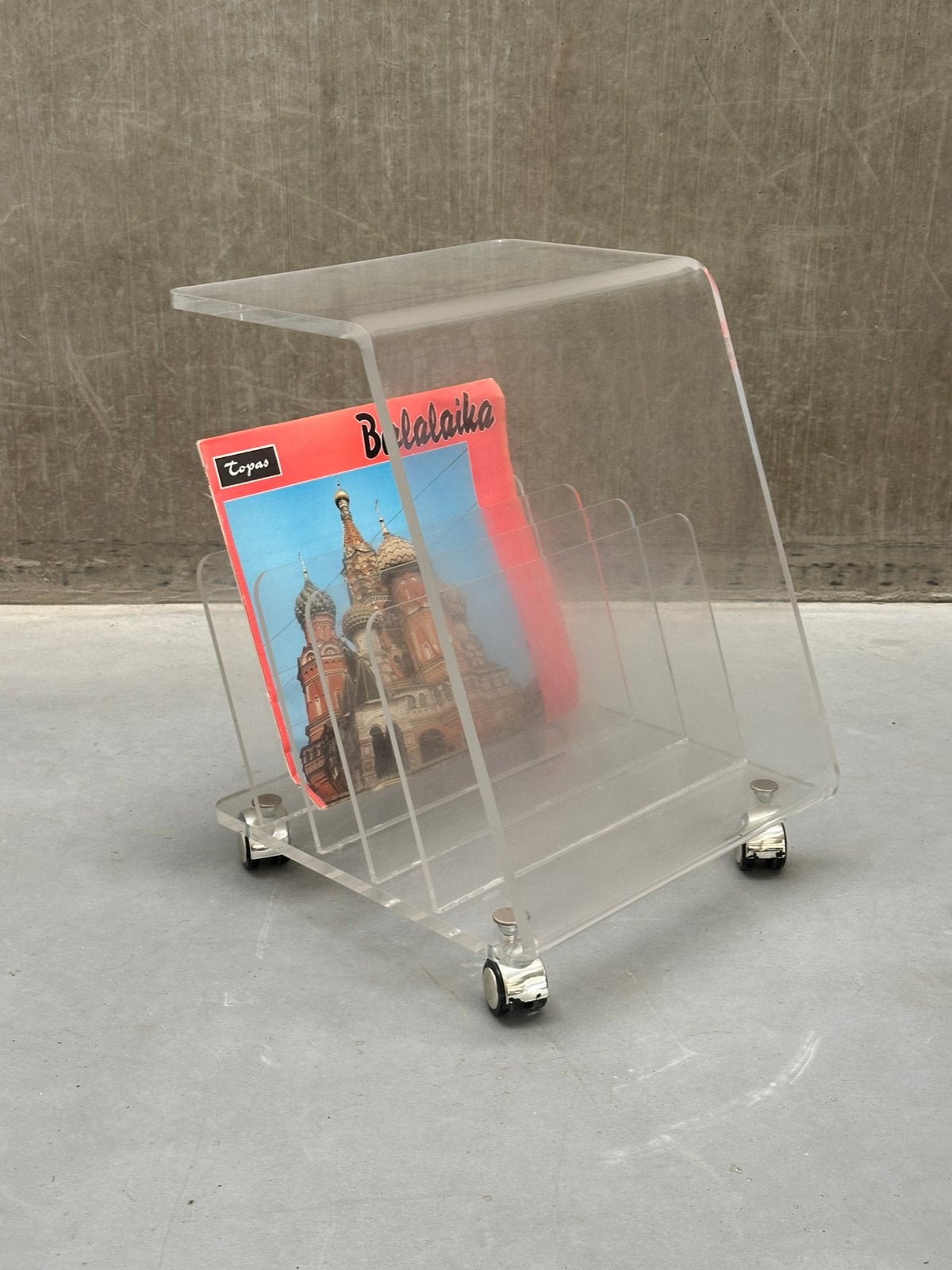 Vintage plexiglas LP-houder op wielen, Ophalen, Vintage, Gebruikt, Kunststof